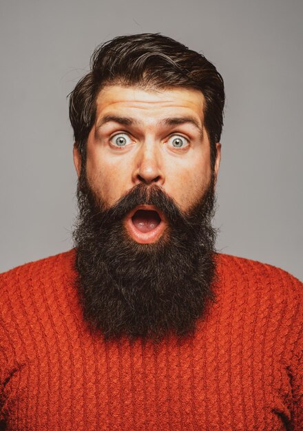 Excited bearded man human emotions closeup portrait of surprised man