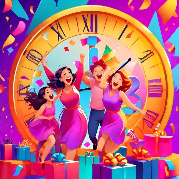 Excited beautiful friends counting down to the start new year illustration ai generate image