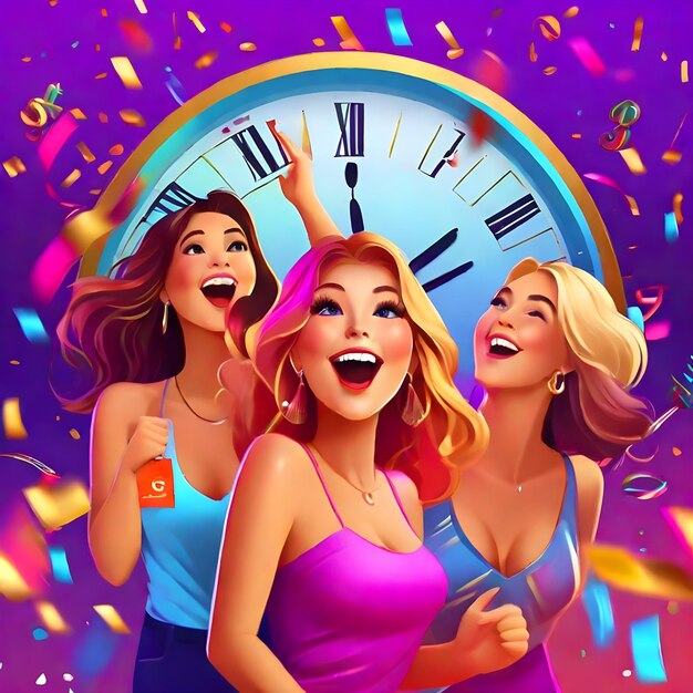 Excited beautiful friends counting down to the start new year illustration AI generate image
