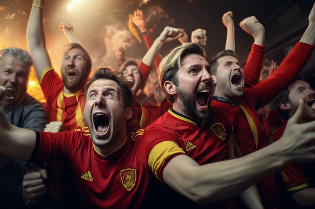 Excited Belgium football fans cheering for their team during a game at stadium ai generated