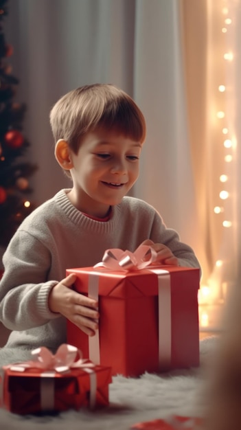 興奮した誕生日の少年がギフトの入った大きなプレゼントボックスを開ける