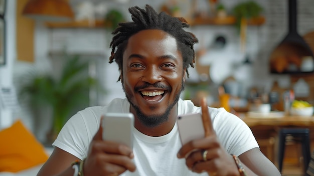 An excited black man holds a smartphone in his hand with a white blank screen pointing at it and showing it to the camera close to the lens A mockup and banner will be used to demonstrate the