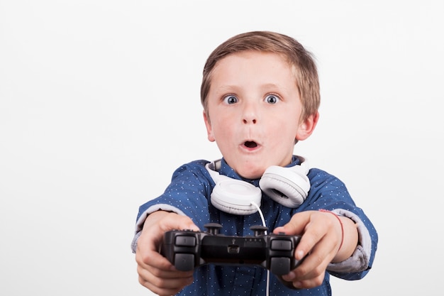 Excited boy playing video game