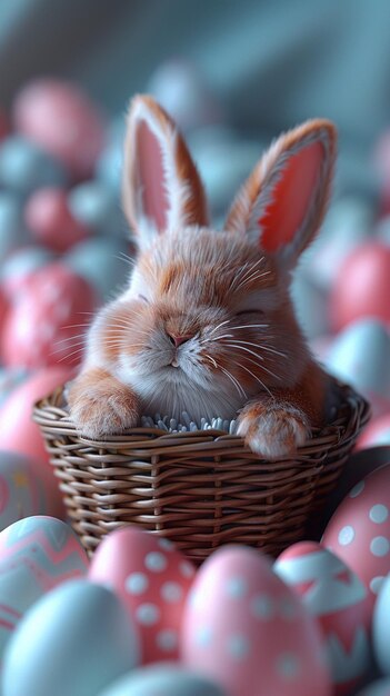 Excited Bunny Napping In A Basket Surrounded Background