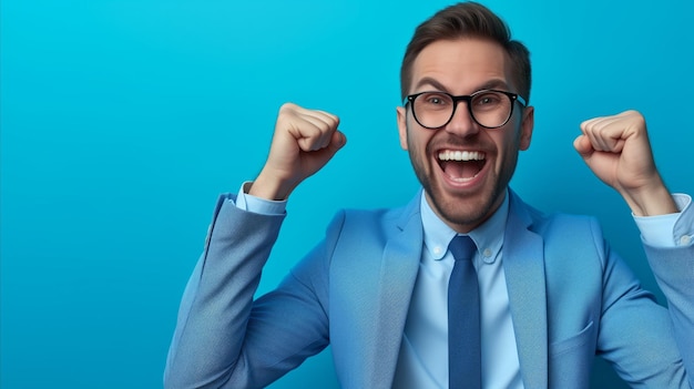 Excited businessman celebrating success against blue background