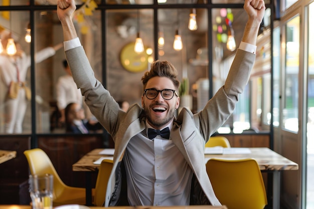 Photo excited businessman celebrating success in cafe with ai generated
