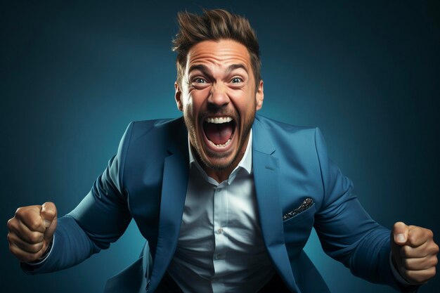 Excited businessman celebrating success keeping mouth open spreading hands on solid color background