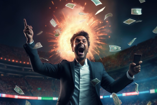 興奮したビジネスマンがサッカーの賭けで金を勝ち取る