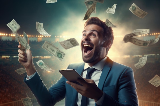 Excited businessman wins money on football betting