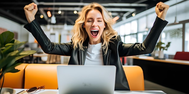 Excited businesswoman celebrating success at work with laptop joyful achievement in office AI