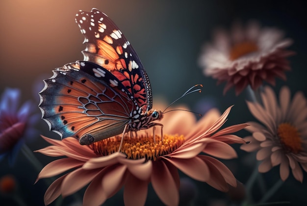 Excited butterfly on spring flowers generative ai