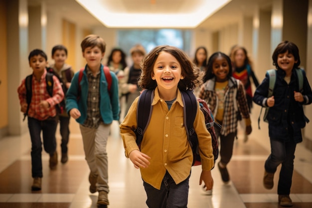 Excited and carefree young learners walk together in the school hallway