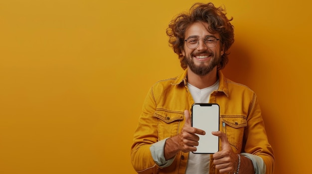 An excited casual guy leans on a big smartphone with a blank white display showing a thumbs up gesture recommending a new app or website It39s a mockup fullbody length with yellow walls