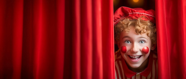 Foto emozionato ragazzo adolescente caucasico in costume che sbircia le tende rosse del palco per eseguire uno spettacolo teatrale scolastico