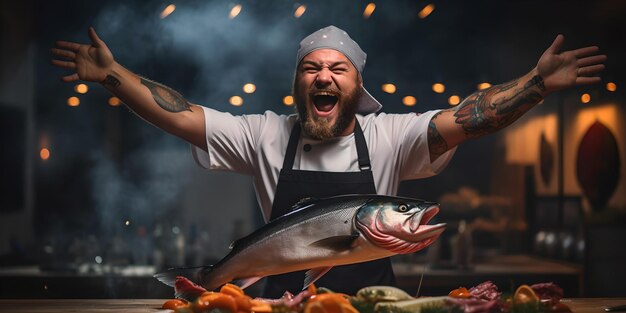 Excited chef in a busy kitchen presenting fresh salmon culinary passion and joy professional cooking in action restaurant life captured AI