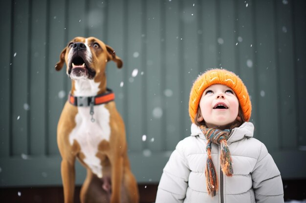 Photo excited child and dog looking up as snow begins to fall