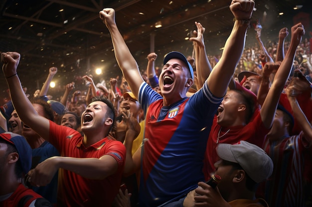 Excited Costarica football fans cheering for their team during a game at stadium ai generated
