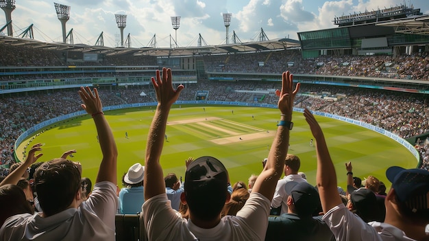 Photo an excited crowd of cricket fans are cheering on their team at a stadium