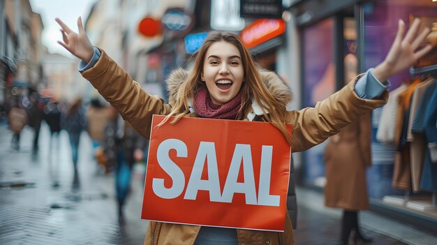 Photo excited customer holding large sale sign half year sale concept