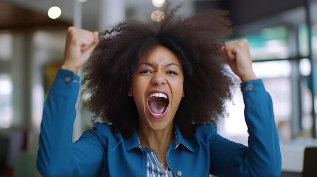 Excited cute african american business woman celebrating successful financial project results