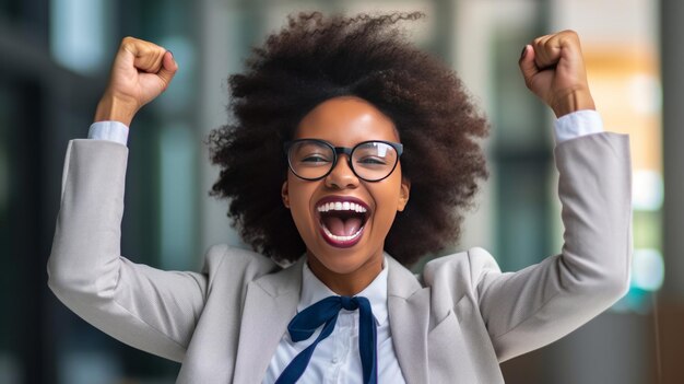 Excited cute african american business woman celebrating successful financial project results