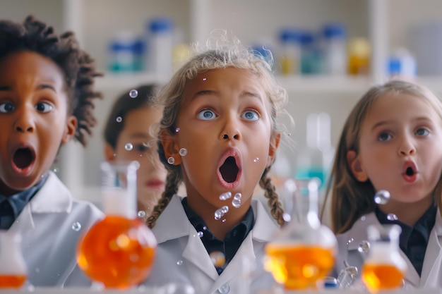 Photo excited diverse group of children in lab coats witnessing surprising science experiment in classroom