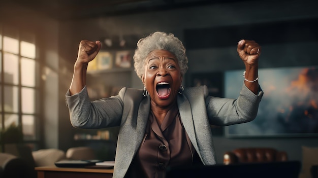 Foto una donna d'affari anziana eccitata che celebra il successo in ufficio una donna matura allegra che guarda la telecamera