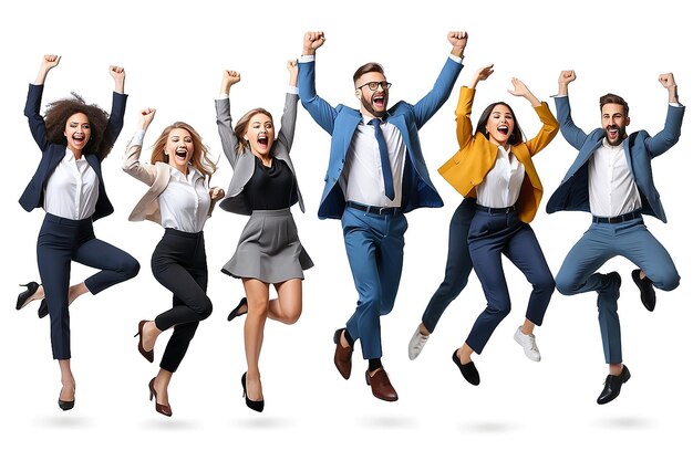 Photo excited emotional office workers dancing in business style outfits clothes on white