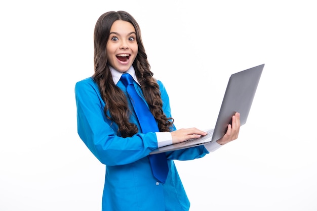 Excited face Young girl student hold computer Funny pupil with laptop isolated background Back