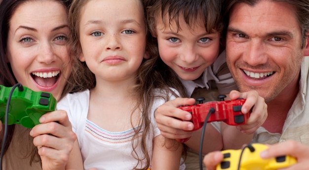 Excited family playing video games