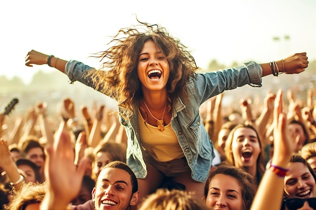 An excited fan screams with joy during a concert at a music festival