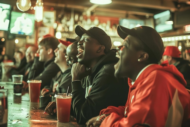 Photo excited fans clad in team colors gather around a bar counter sharing laughter and camaraderie while