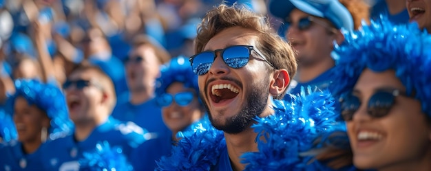 大学フットボールの試合で青い学校の色で応援するスタジアムの興奮したファン コンセプト 壮観なホームラン 激しいライバル ゲームチェンジング 忘れられないチャンピオンシップ