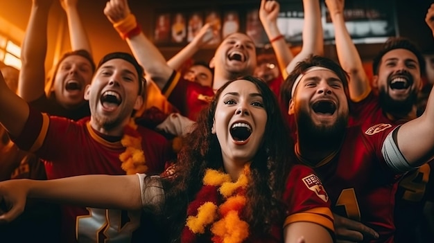Excited fans watching football match on pub Group of football fans cheering Generative AI