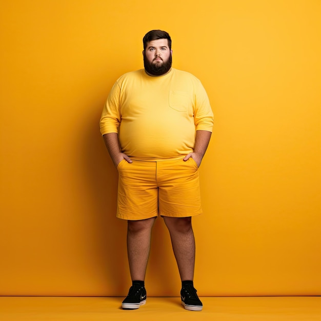 Photo excited fat man celebrating success happy plus size bearded man on yellow background