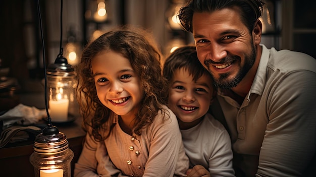 Excited father having fun with children spending weekend at home