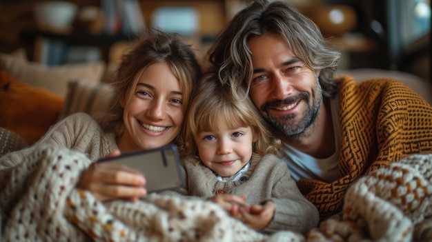 Возбужденный отец с мобильным телефоном делает селфи со своей женой и детьми, записывая видео.