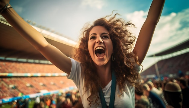 Excited female fan cheering at Women's Soccer World Champion