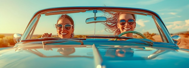 excited female friends taking a vacation in a car