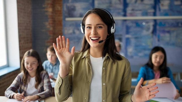 Photo excited female teacher with a headset waving hello to her students and smiling during a virtual cla