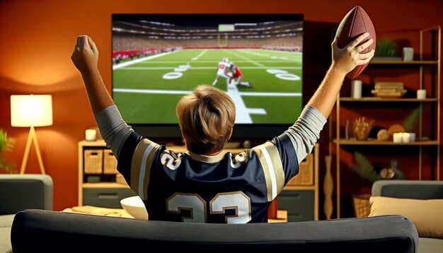 Excited football fan cheering in front of tv during a game