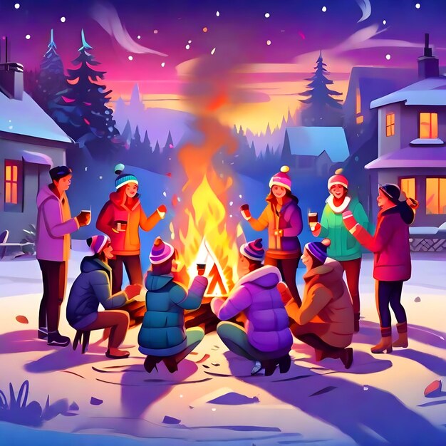 Excited friends gathered around bonfire with cozy winter scene new year celebrating ai generate