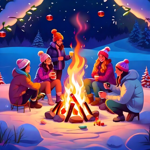 Excited friends gathered around bonfire with cozy winter scene new year celebrating ai generate