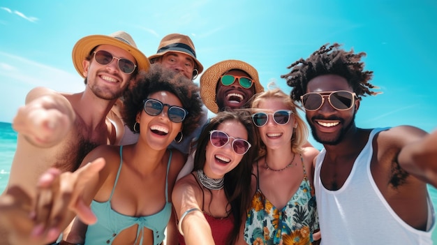 Excited friends group taking a beach selfie on a sunny day