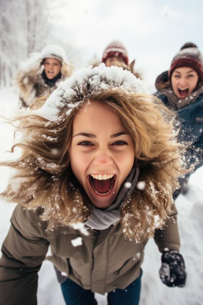 Excited friends playing in the snow