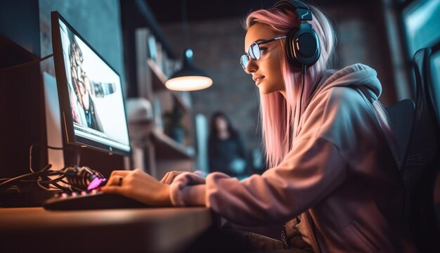 A woman playing computer games. Young woman using computer for playing games.  Cheerful woman in headphones playing online games. Vector flat design  illustration. Square layout. Royalty-Free Stock Image - Storyblocks