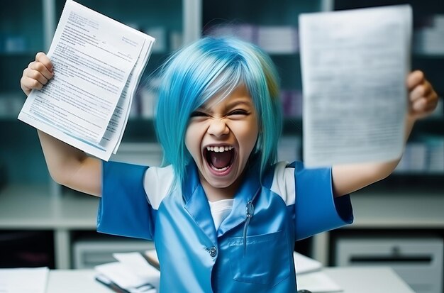 파란 셔츠 를 입은 흥분 된 소녀 는 학교 의 성공 을 축하 한다