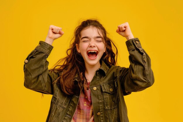 Photo excited girl celebrates winning lottery with raised fists in photo