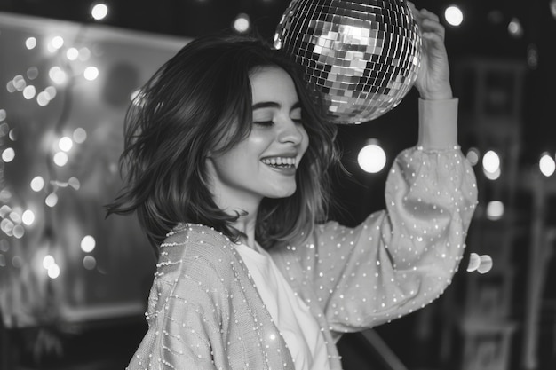 Photo excited girl dancing with disco ball in hand on painted background