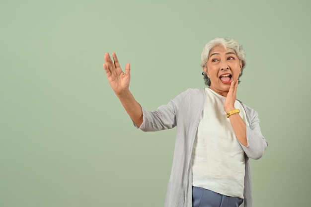 Foto eccitata donna anziana dai capelli grigi in posa su sfondo verde pastello